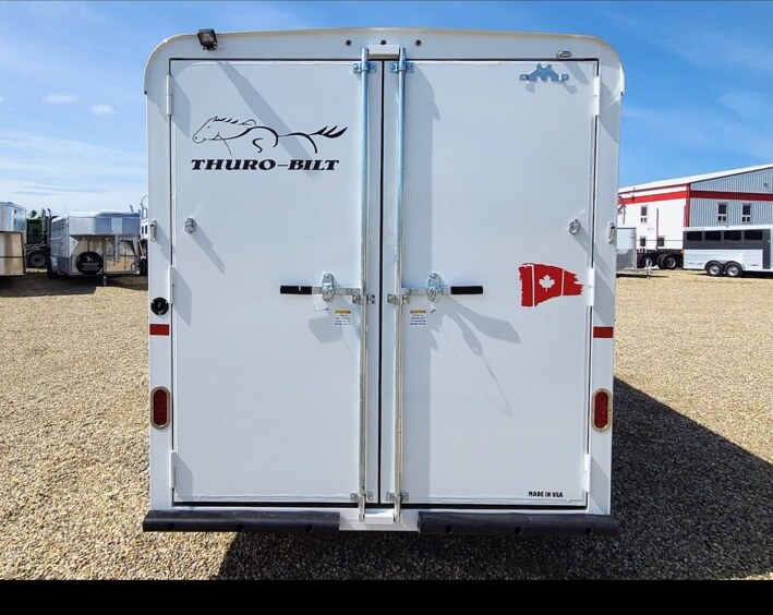 Rear view of the actual trailer with loading doors closed